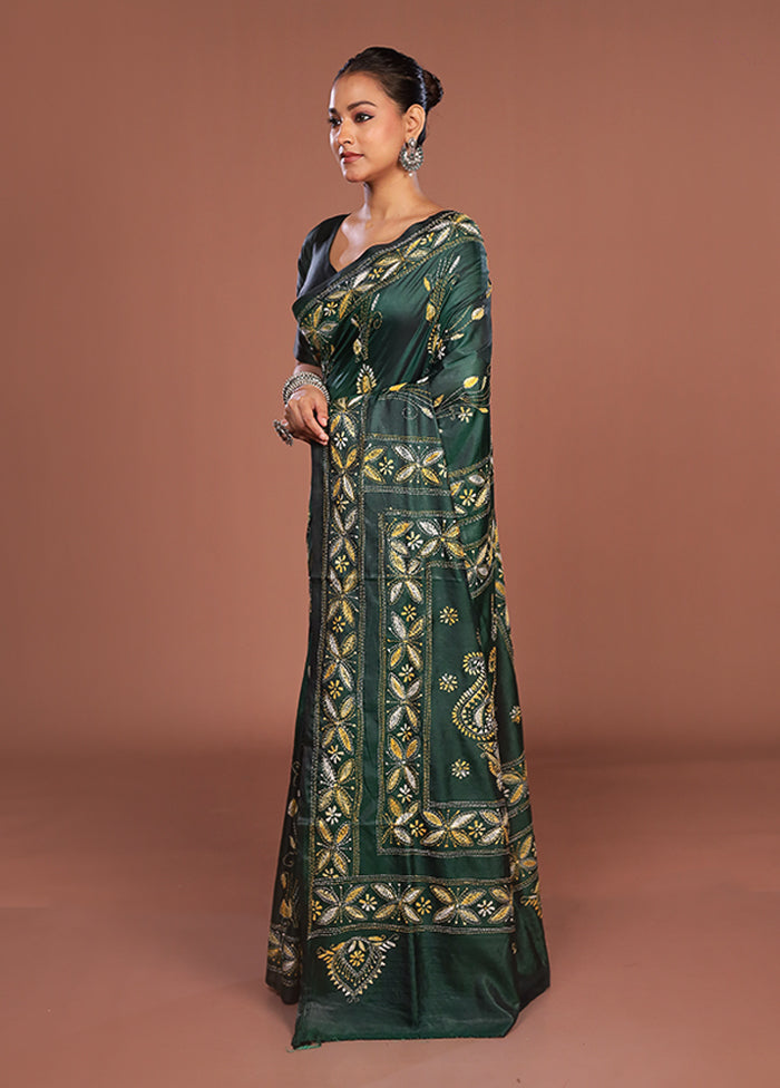 Green Kantha Stitch Silk Saree With Blouse Piece