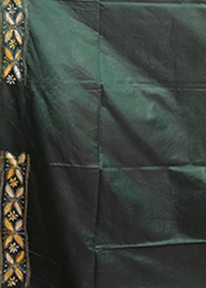 Green Kantha Stitch Silk Saree With Blouse Piece