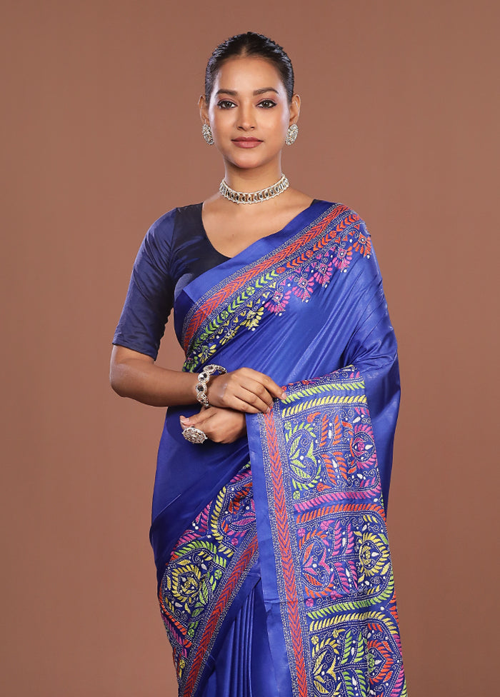 Blue Kantha Stitch Silk Saree With Blouse Piece