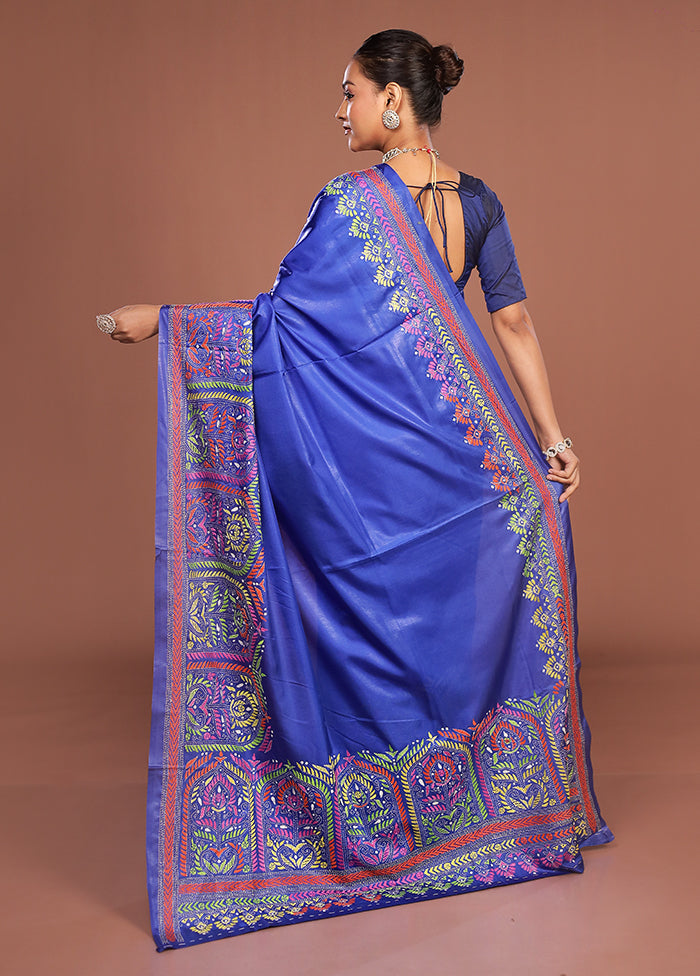 Blue Kantha Stitch Silk Saree With Blouse Piece