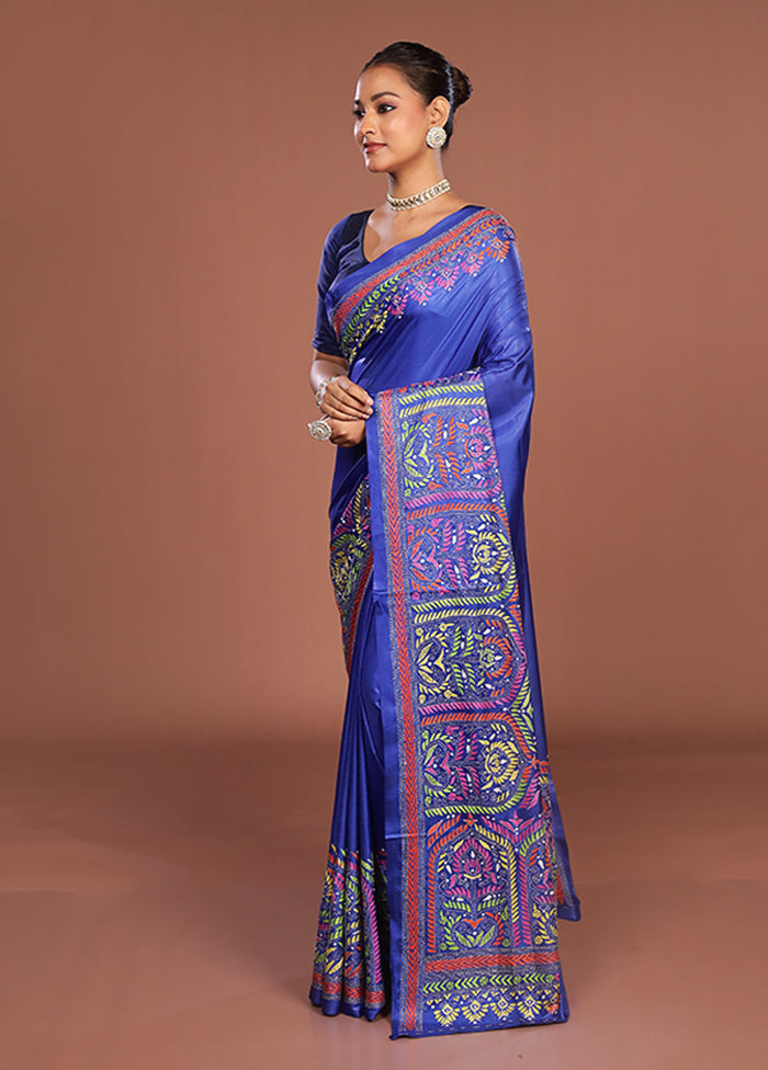 Blue Kantha Stitch Silk Saree With Blouse Piece