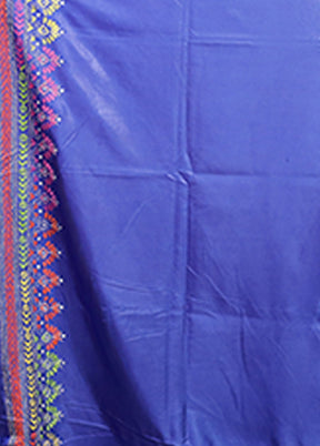 Blue Kantha Stitch Silk Saree With Blouse Piece