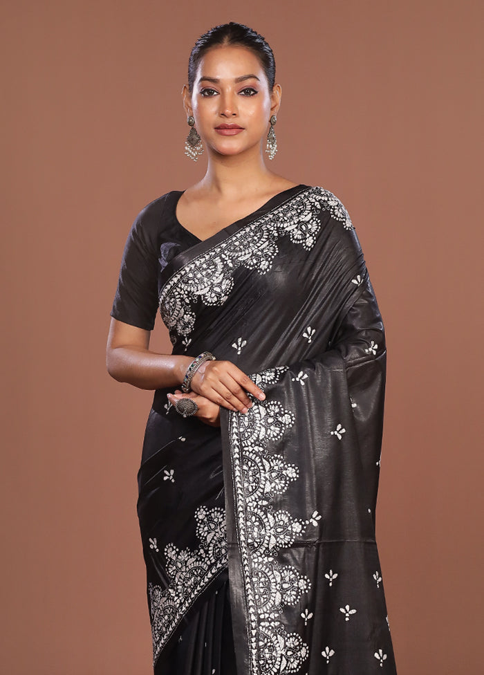 Black Kantha Stitch Silk Saree With Blouse Piece