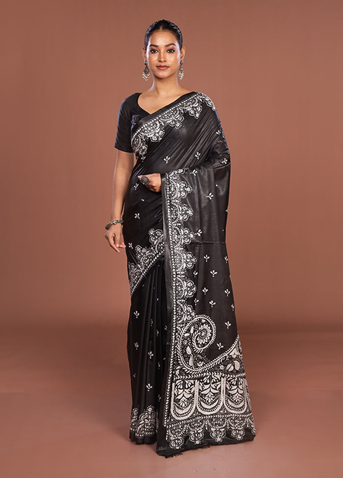 Black Kantha Stitch Silk Saree With Blouse Piece