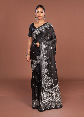 Black Kantha Stitch Silk Saree With Blouse Piece