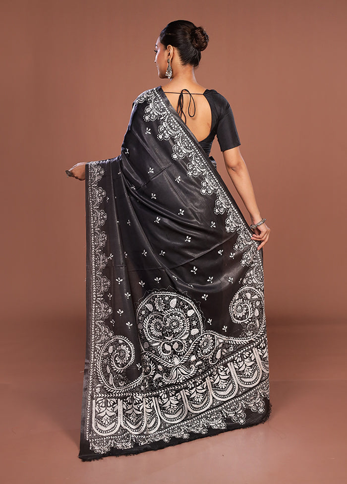 Black Kantha Stitch Silk Saree With Blouse Piece