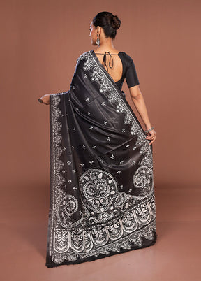 Black Kantha Stitch Silk Saree With Blouse Piece