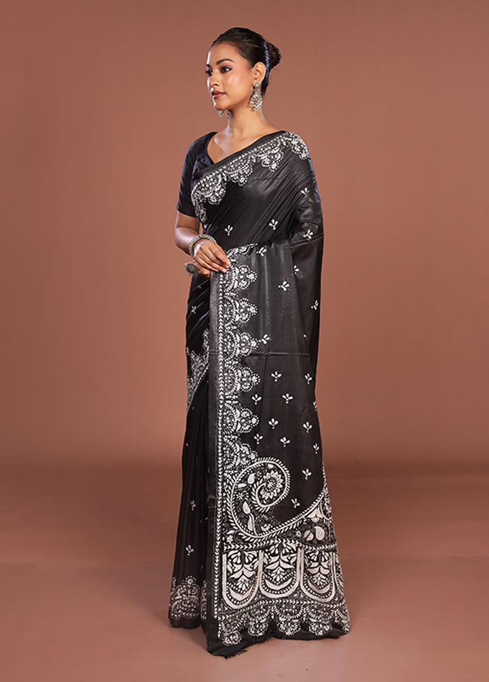 Black Kantha Stitch Silk Saree With Blouse Piece