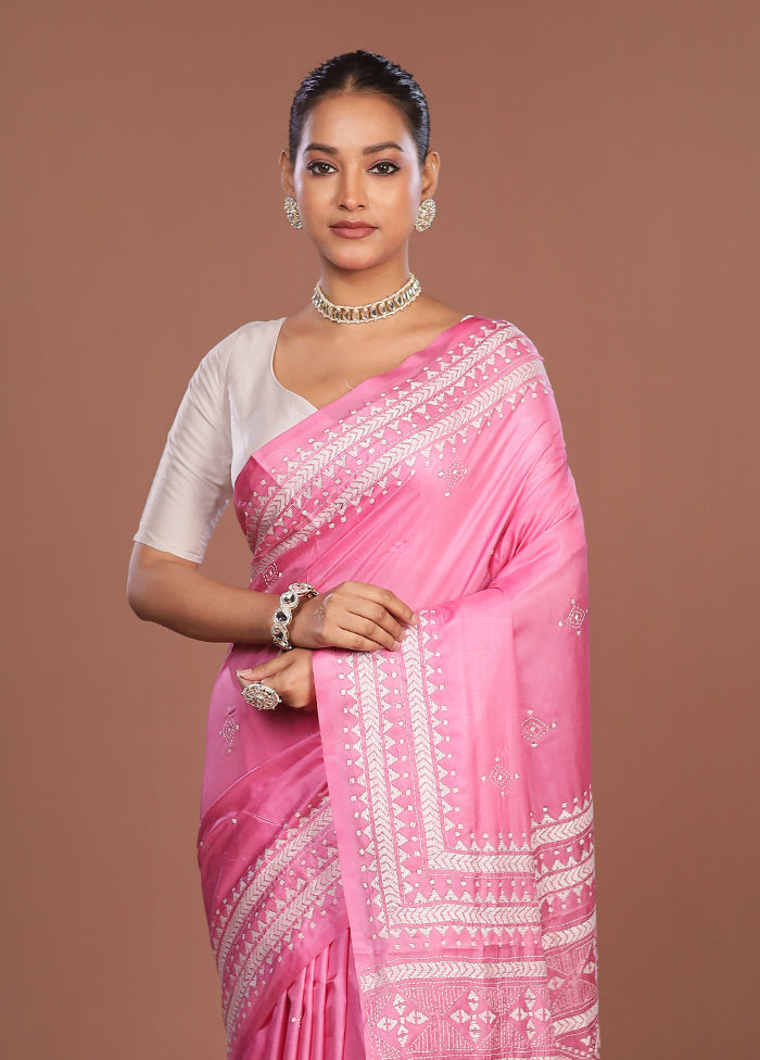 Pink Kantha Stitch Silk Saree With Blouse Piece