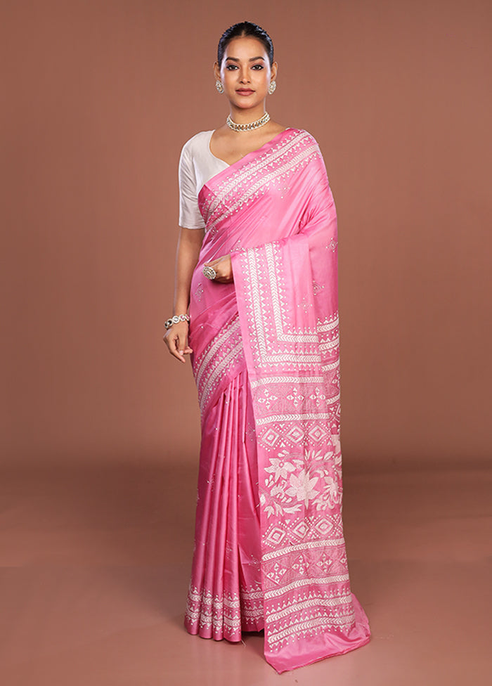 Pink Kantha Stitch Silk Saree With Blouse Piece