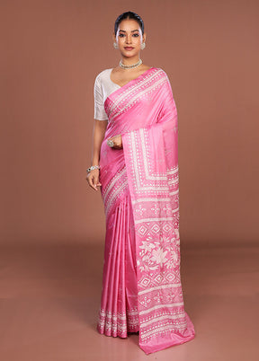 Pink Kantha Stitch Silk Saree With Blouse Piece