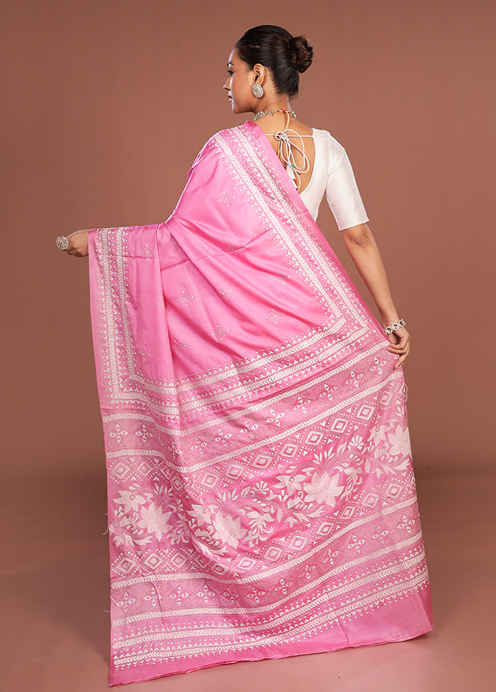 Pink Kantha Stitch Silk Saree With Blouse Piece