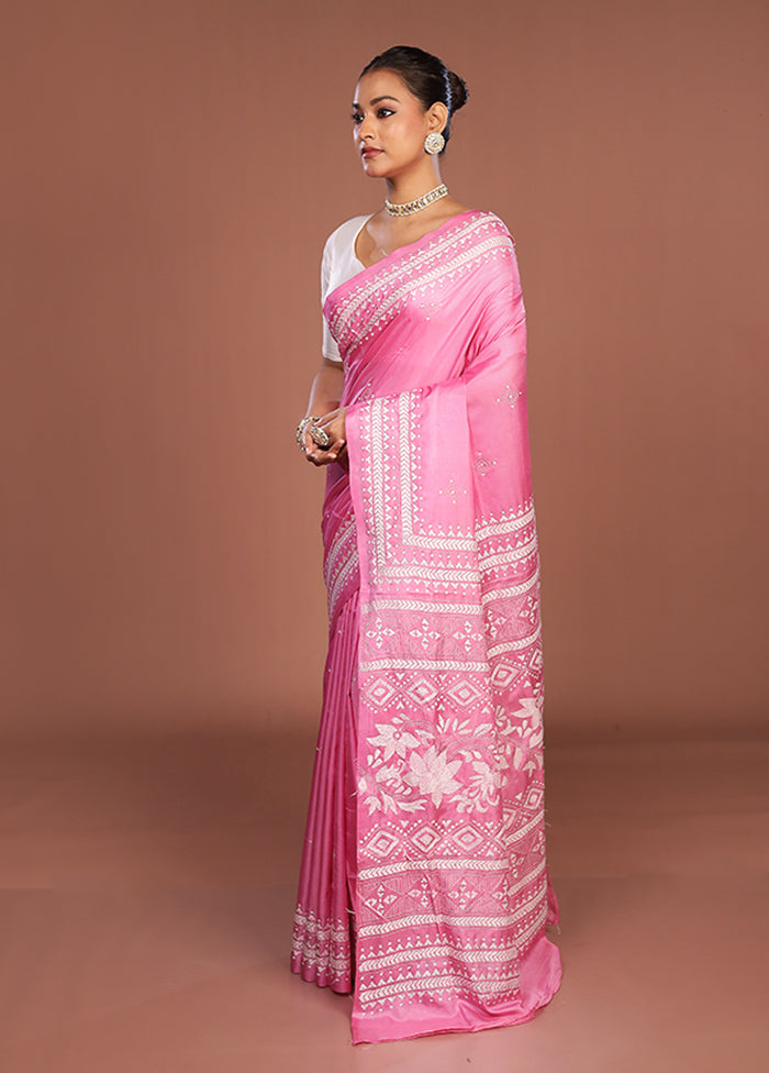 Pink Kantha Stitch Silk Saree With Blouse Piece