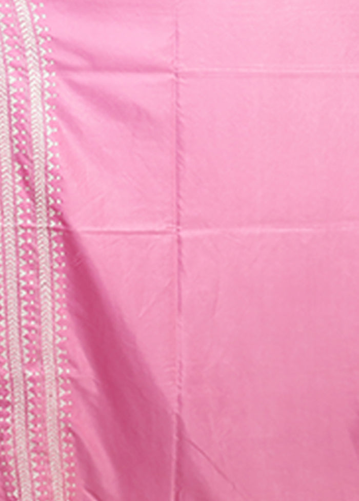Pink Kantha Stitch Silk Saree With Blouse Piece