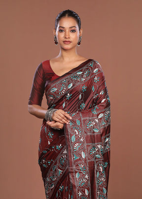 Maroon Kantha Stitch Silk Saree With Blouse Piece