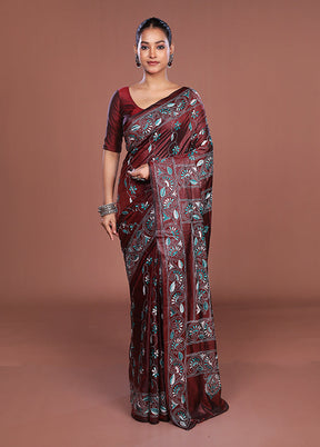 Maroon Kantha Stitch Silk Saree With Blouse Piece