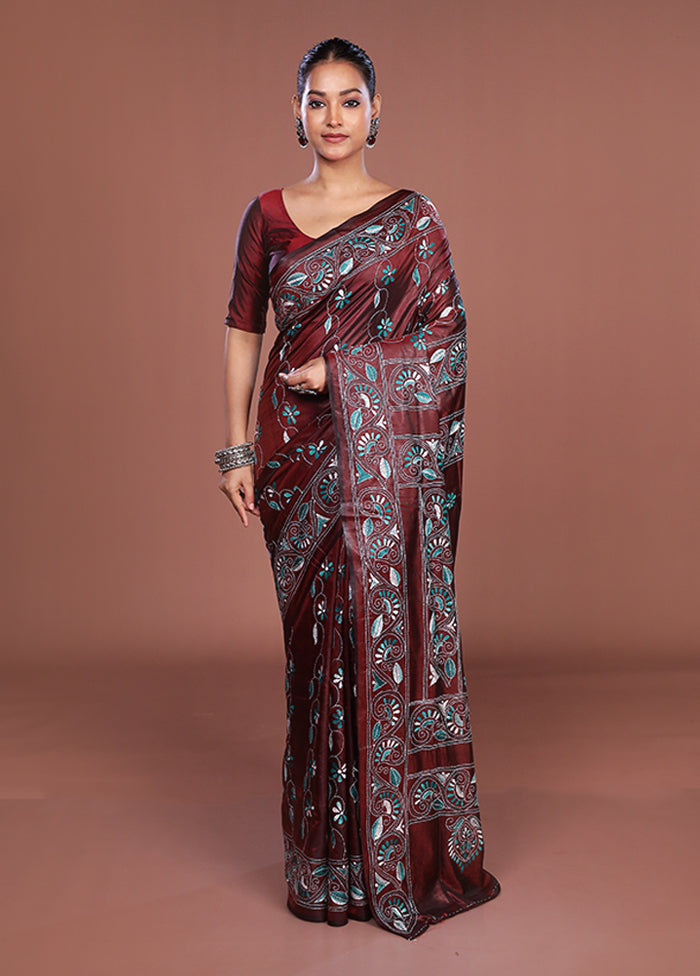 Maroon Kantha Stitch Silk Saree With Blouse Piece