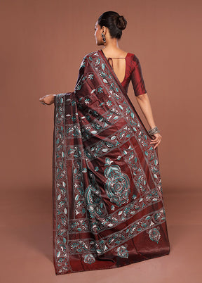 Maroon Kantha Stitch Silk Saree With Blouse Piece