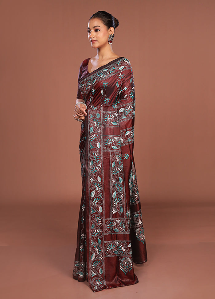 Maroon Kantha Stitch Silk Saree With Blouse Piece