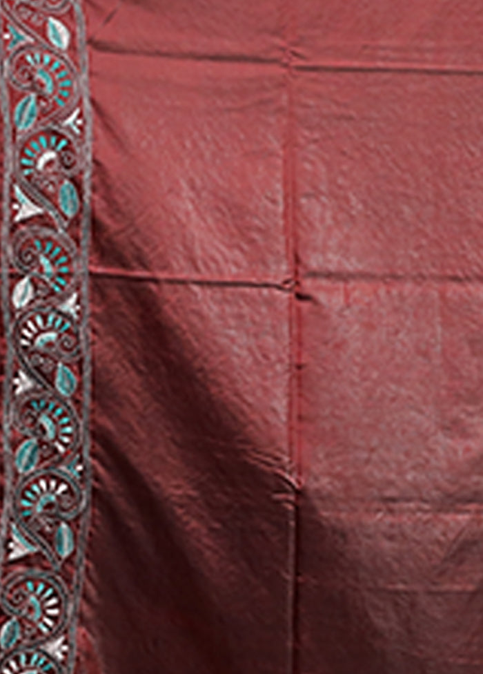 Maroon Kantha Stitch Silk Saree With Blouse Piece