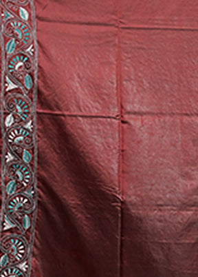 Maroon Kantha Stitch Silk Saree With Blouse Piece
