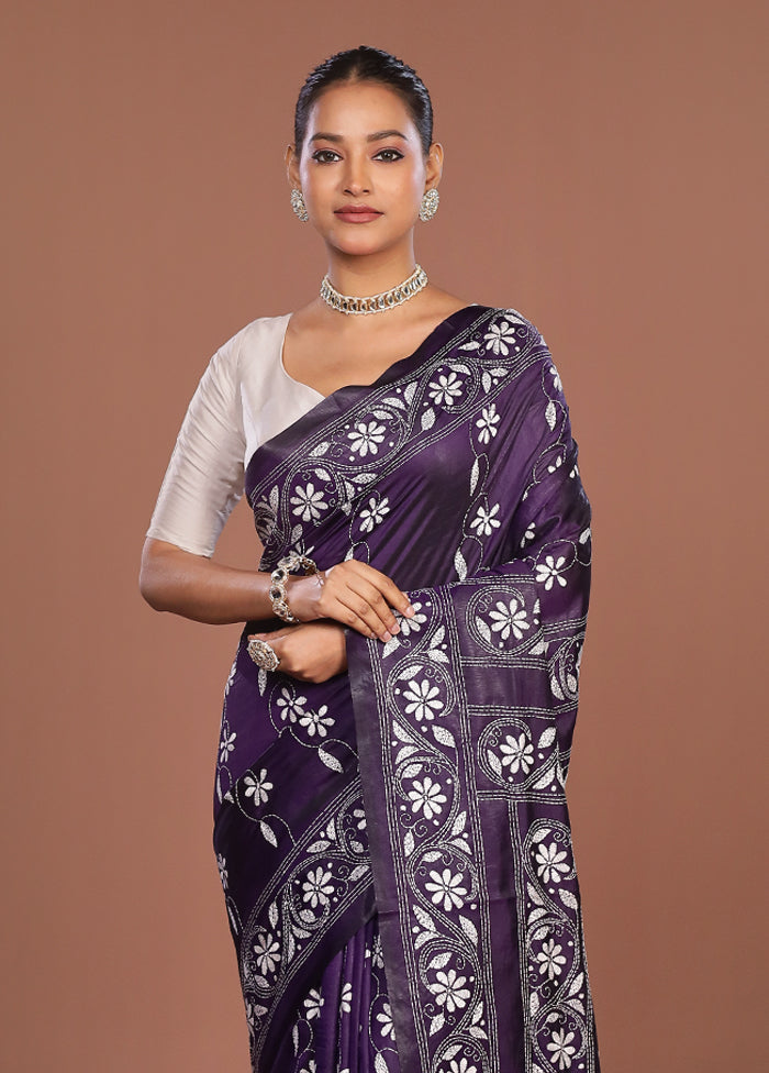 Blue Kantha Stitch Silk Saree With Blouse Piece