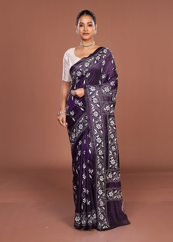Blue Kantha Stitch Silk Saree With Blouse Piece