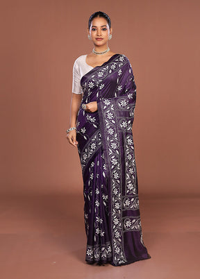 Blue Kantha Stitch Silk Saree With Blouse Piece