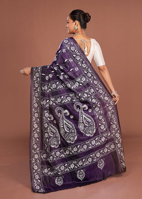 Blue Kantha Stitch Silk Saree With Blouse Piece