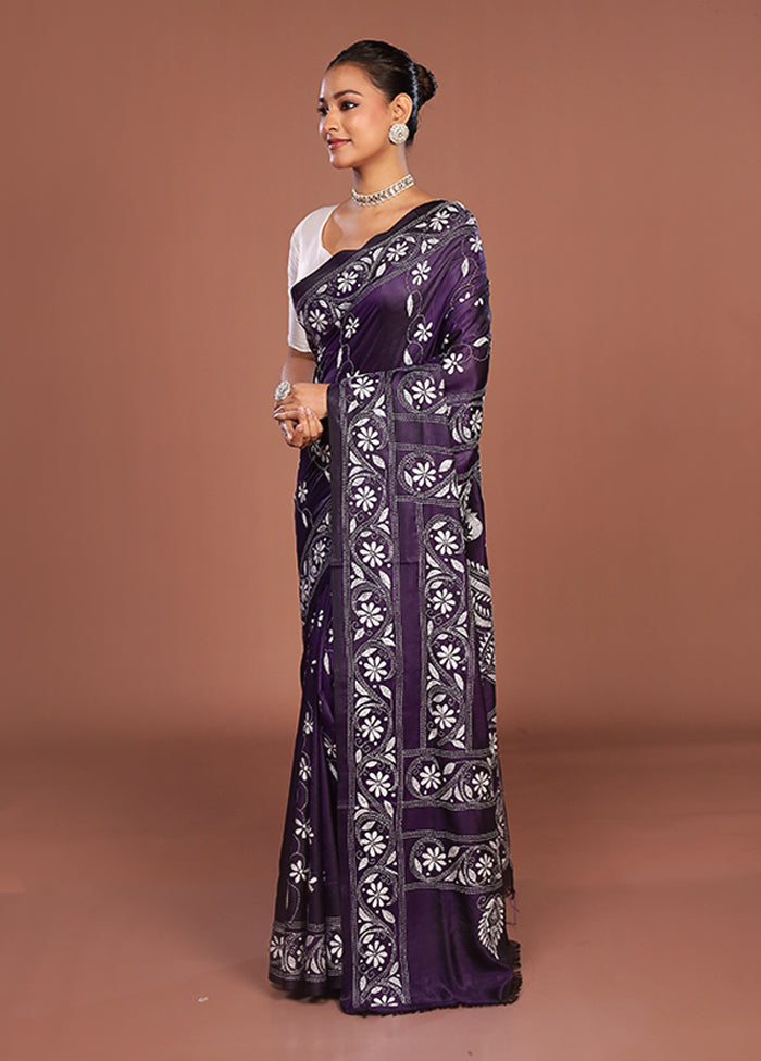 Blue Kantha Stitch Silk Saree With Blouse Piece