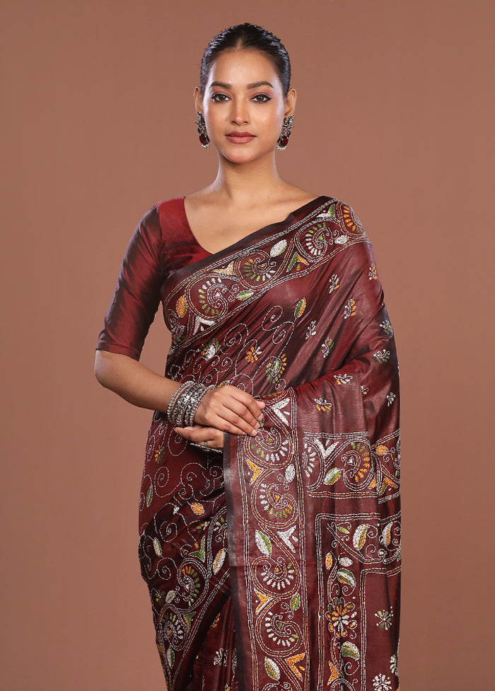 Maroon Kantha Stitch Silk Saree With Blouse Piece