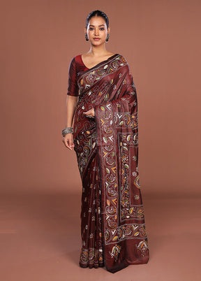 Maroon Kantha Stitch Silk Saree With Blouse Piece
