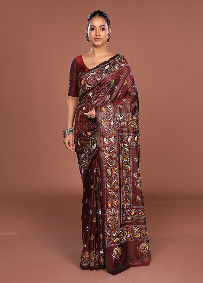 Maroon Kantha Stitch Silk Saree With Blouse Piece