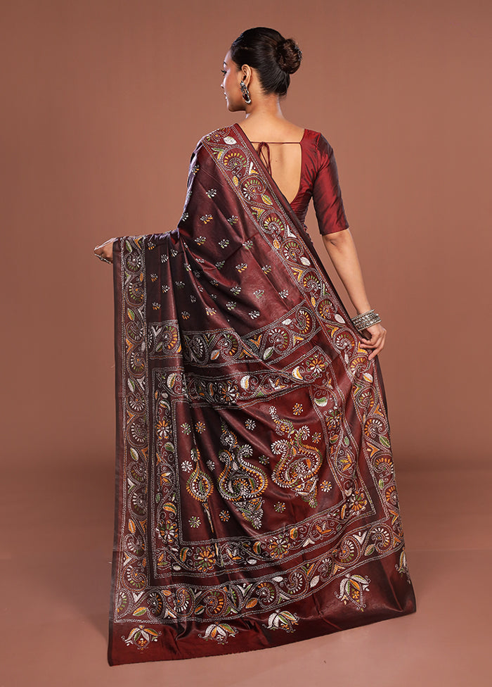 Maroon Kantha Stitch Silk Saree With Blouse Piece
