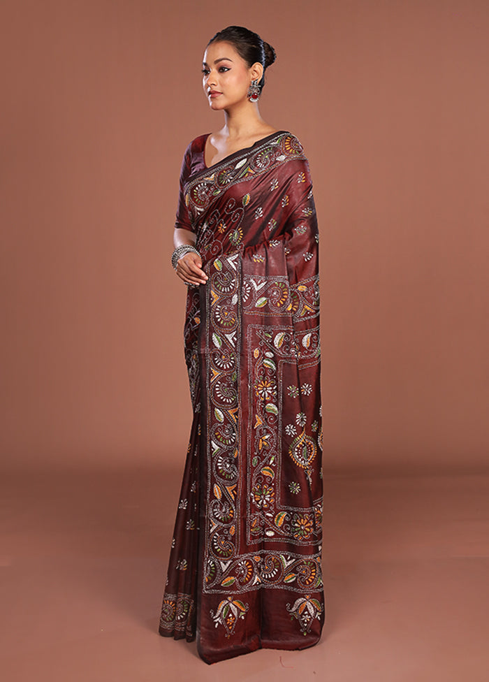 Maroon Kantha Stitch Silk Saree With Blouse Piece