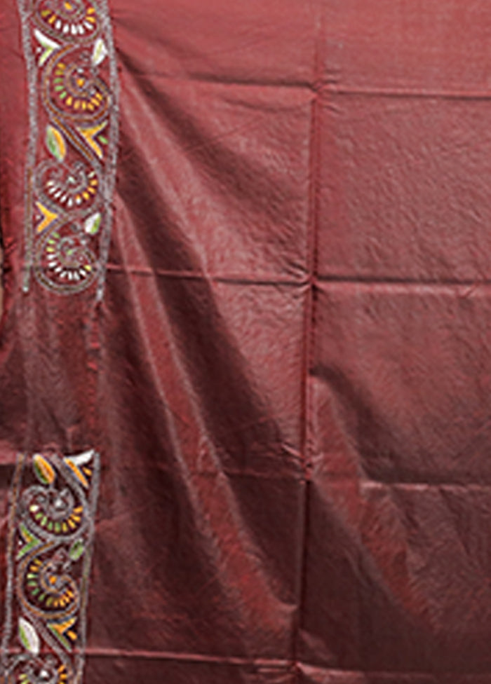 Maroon Kantha Stitch Silk Saree With Blouse Piece
