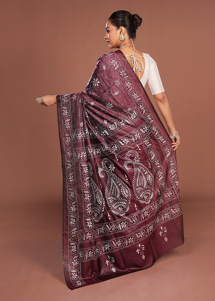 Maroon Kantha Stitch Silk Saree With Blouse Piece