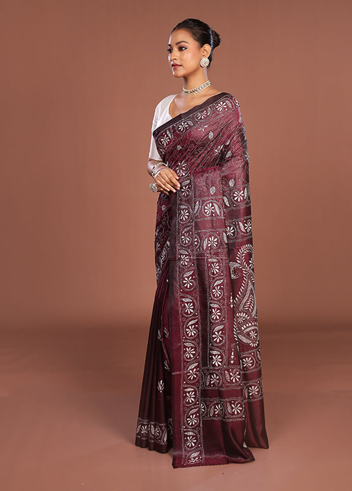 Maroon Kantha Stitch Silk Saree With Blouse Piece