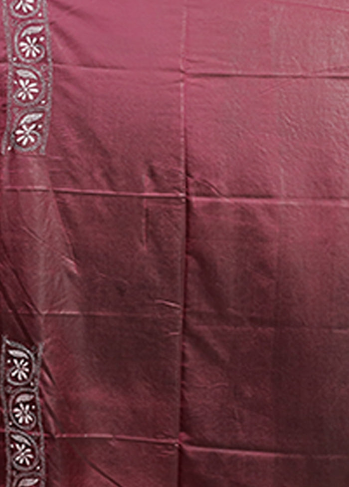 Maroon Kantha Stitch Silk Saree With Blouse Piece