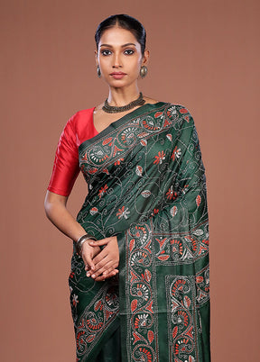 Green Kantha Stitch Silk Saree With Blouse Piece