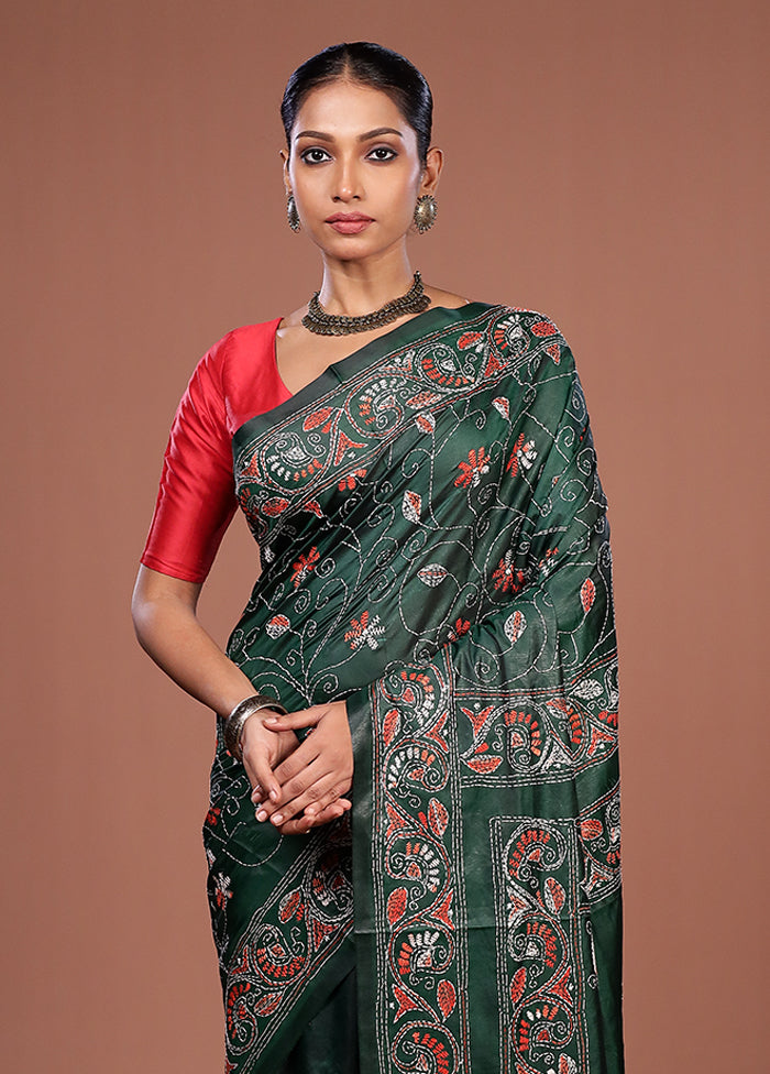 Green Kantha Stitch Silk Saree With Blouse Piece