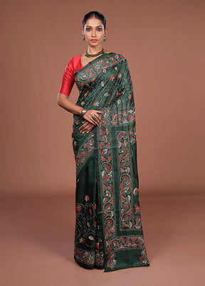 Green Kantha Stitch Silk Saree With Blouse Piece
