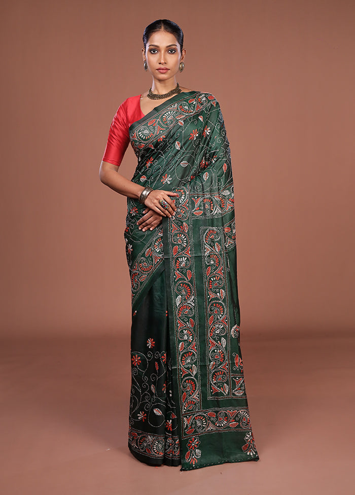 Green Kantha Stitch Silk Saree With Blouse Piece