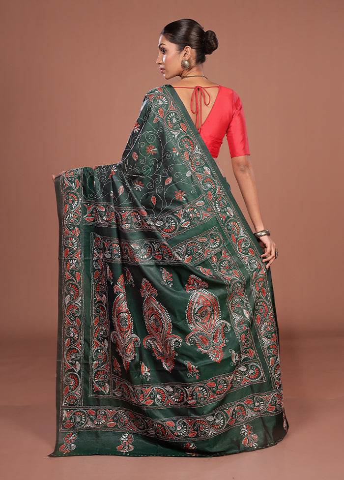 Green Kantha Stitch Silk Saree With Blouse Piece