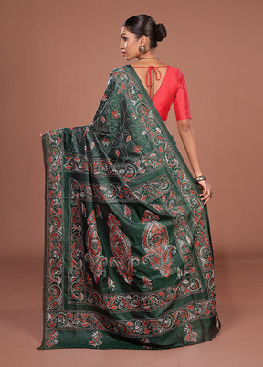 Green Kantha Stitch Silk Saree With Blouse Piece