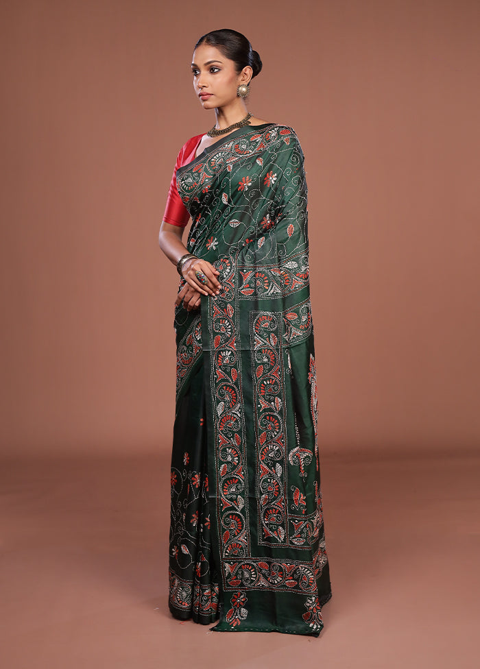 Green Kantha Stitch Silk Saree With Blouse Piece