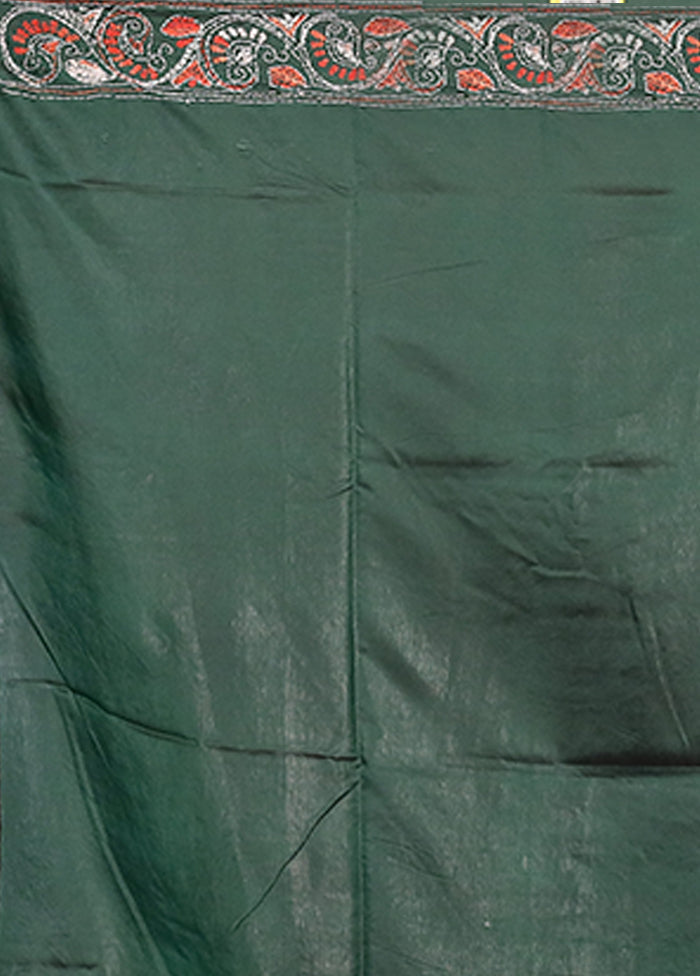 Green Kantha Stitch Silk Saree With Blouse Piece