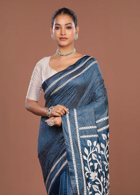 Blue Kantha Stitch Silk Saree With Blouse Piece