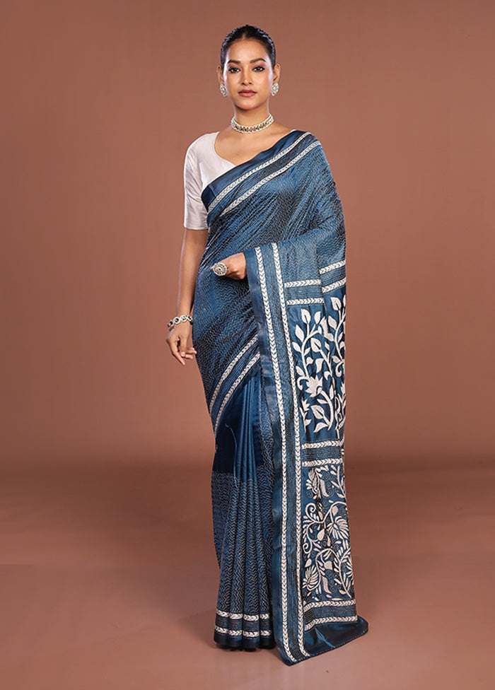 Blue Kantha Stitch Silk Saree With Blouse Piece