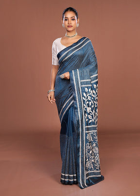 Blue Kantha Stitch Silk Saree With Blouse Piece